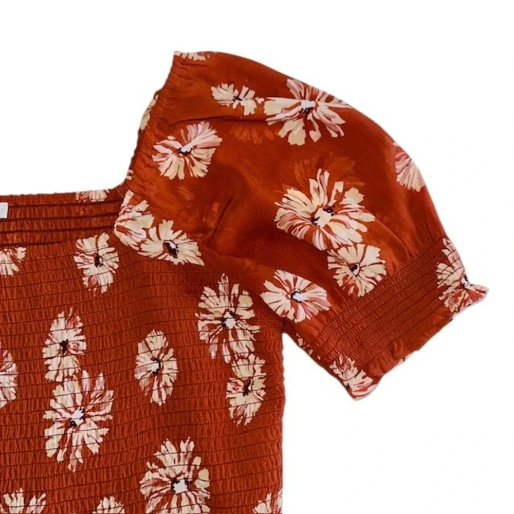 Madewell Georgette Lucie Floral Smocked Top Square Neck Puff Sleeve‎ Rust Size M - Picture 12 of 16